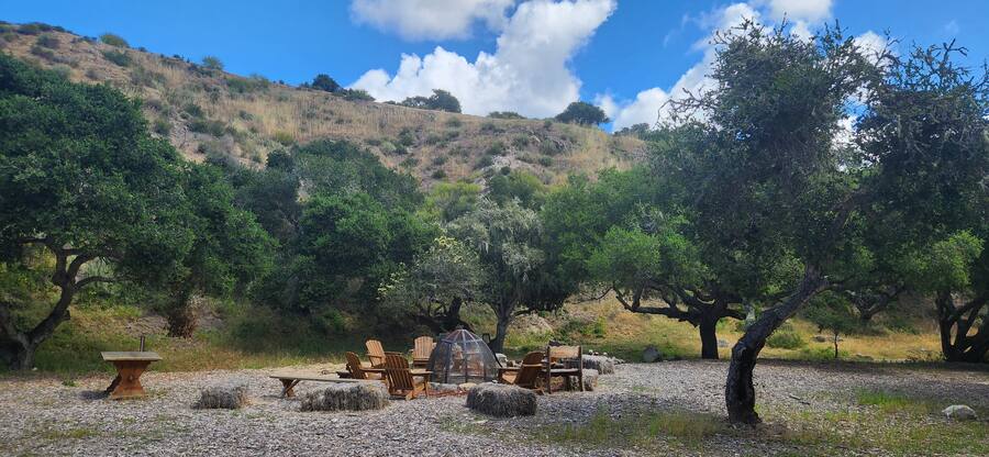 The gathering ground — fire circle, hay bales and long benches under the oaks